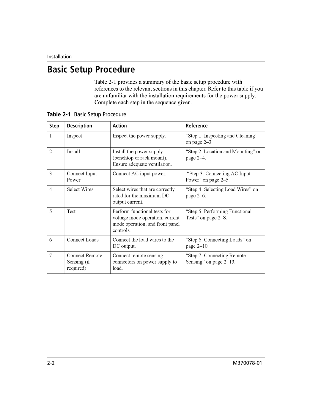 Xantrex Technology XG 850 manual 1Basic Setup Procedure, Step Description Action Reference 