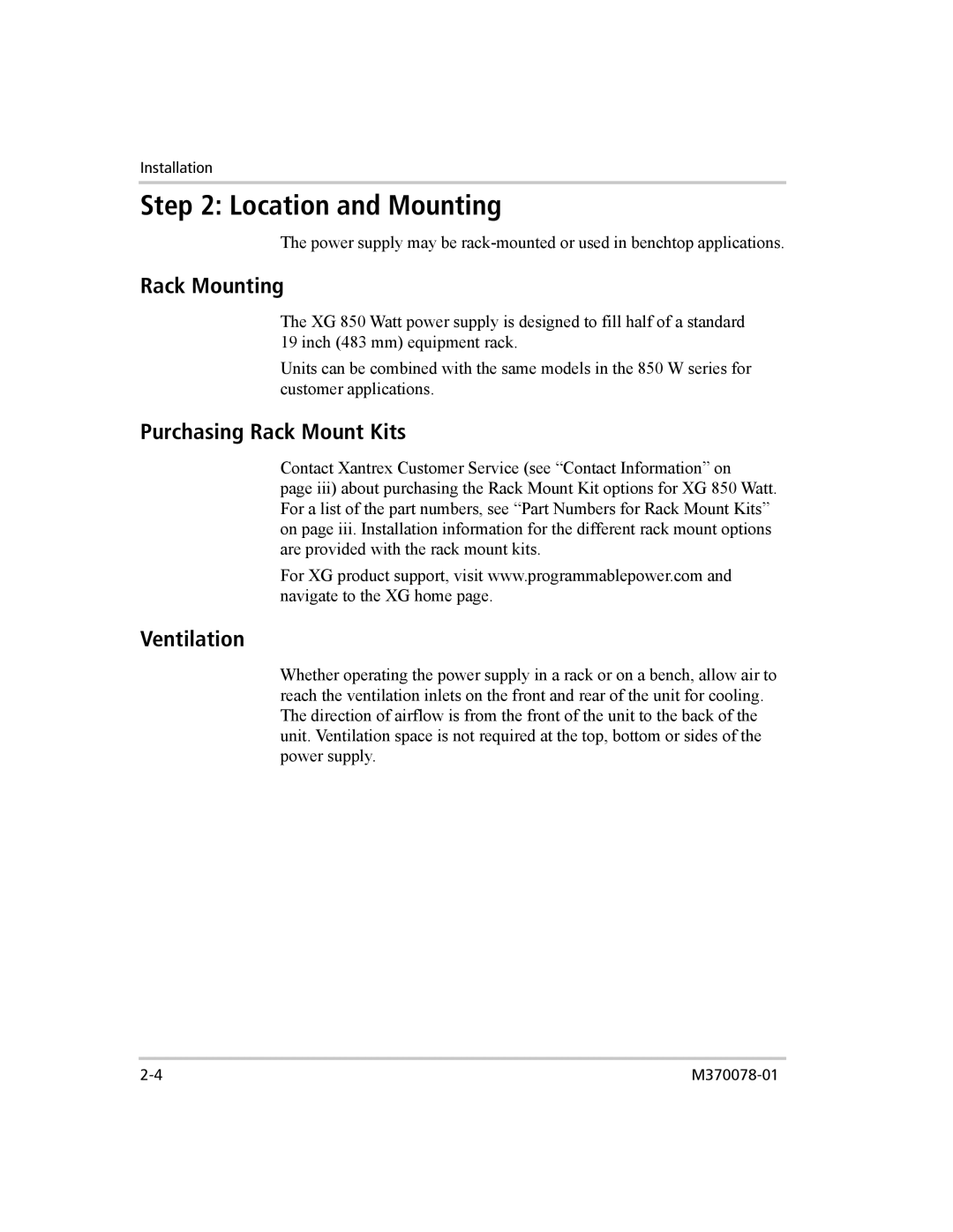 Xantrex Technology XG 850 manual Location and Mounting, Rack Mounting, Purchasing Rack Mount Kits, Ventilation 