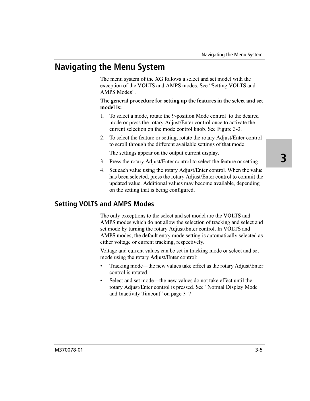 Xantrex Technology XG 850 manual Navigating the Menu System, Setting Volts and Amps Modes 