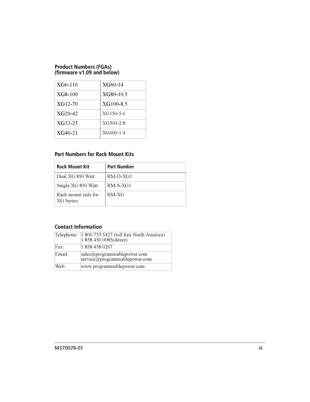 Xantrex Technology XG 850 manual Product Numbers FGAs firmware v1.09 and below, Rack Mount Kit Part Number 