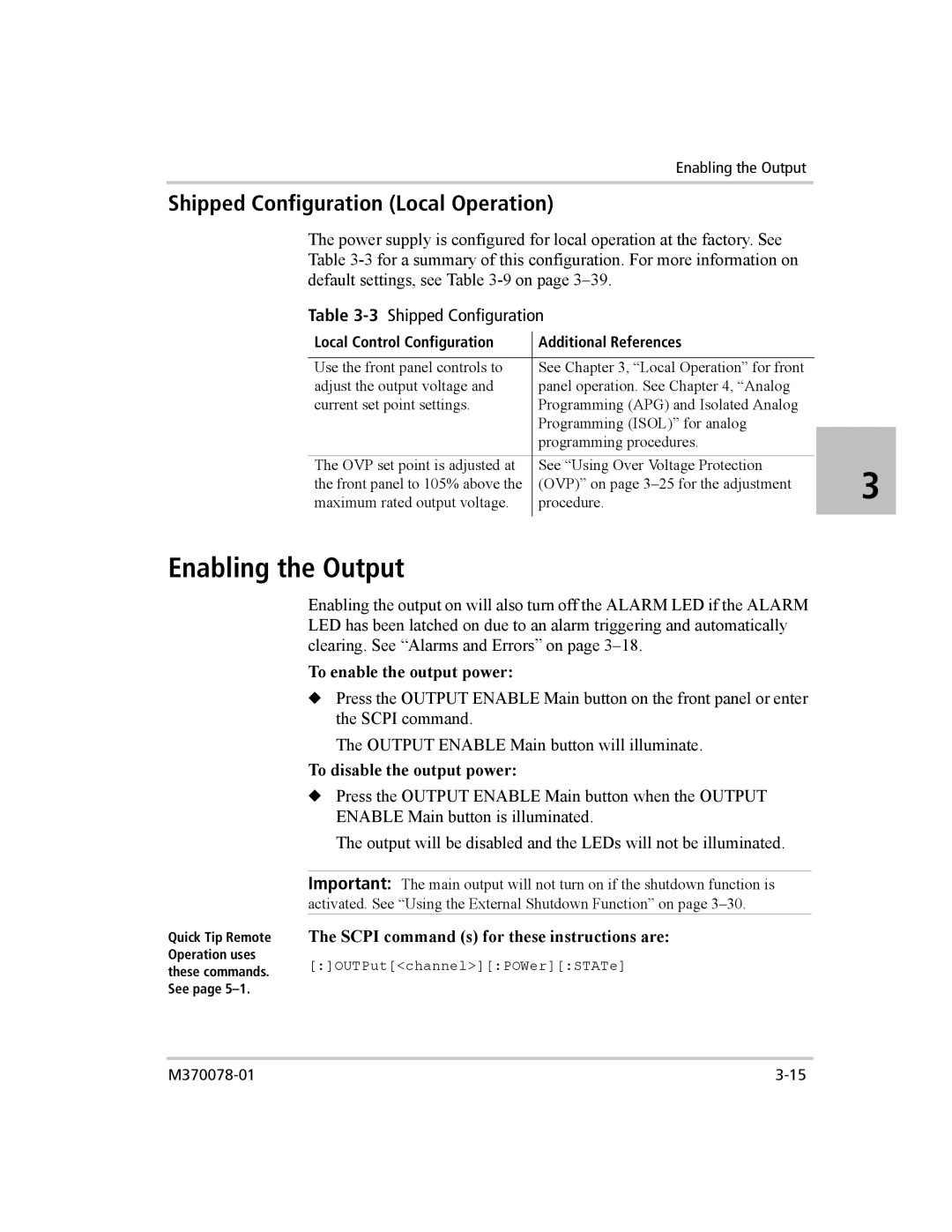 Xantrex Technology XG 850 manual Enabling the Output, Shipped Configuration Local Operation, 3Shipped Configuration 