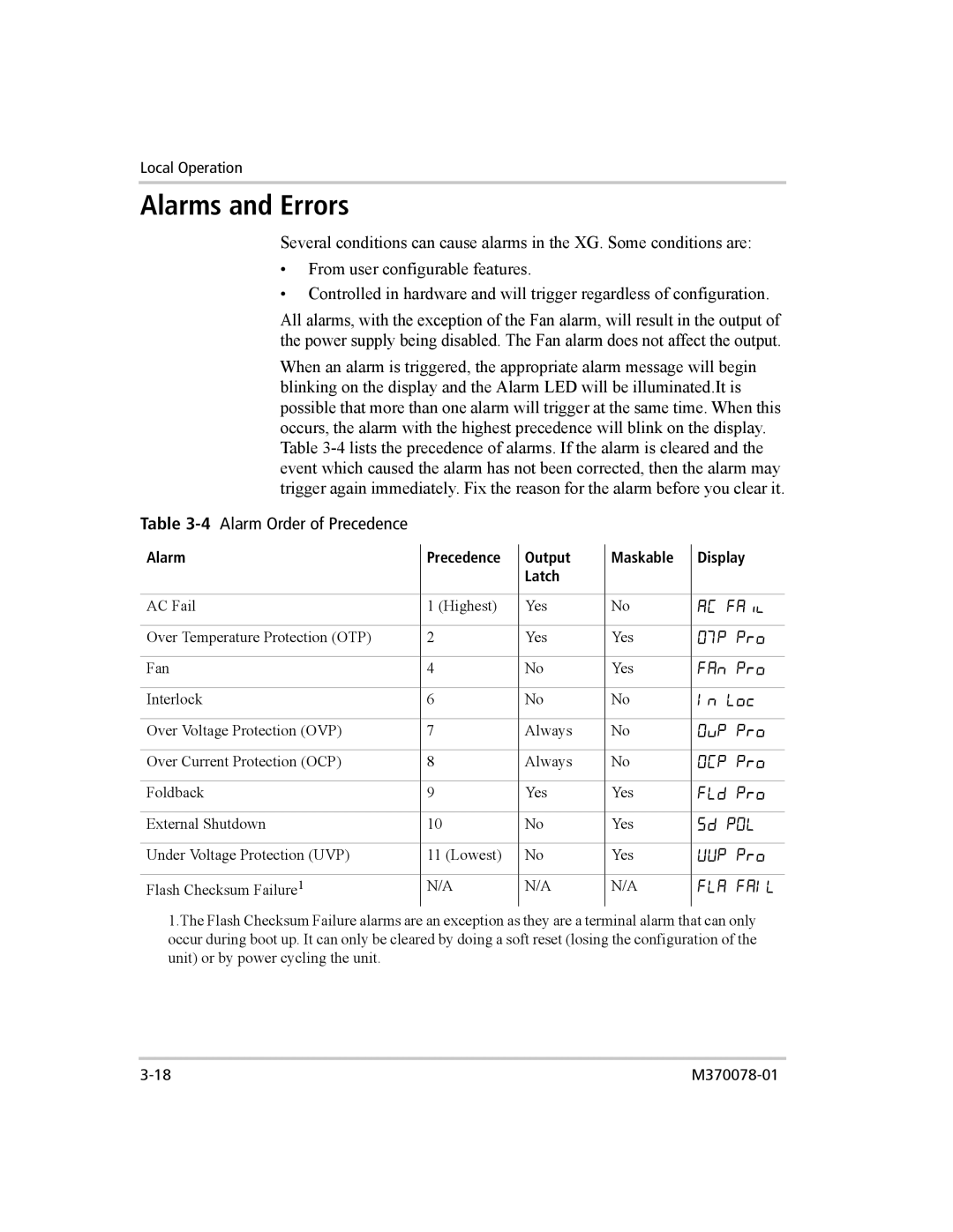 Xantrex Technology XG 850 Alarms and Errors, 4Alarm Order of Precedence, Alarm Precedence Output Maskable Display Latch 