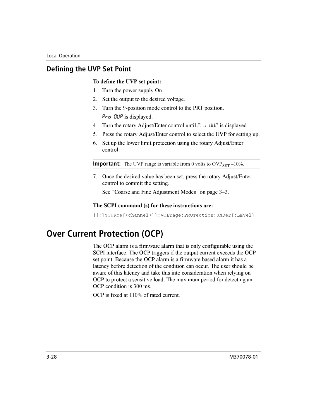 Xantrex Technology XG 850 manual Over Current Protection OCP, Defining the UVP Set Point, To define the UVP set point 