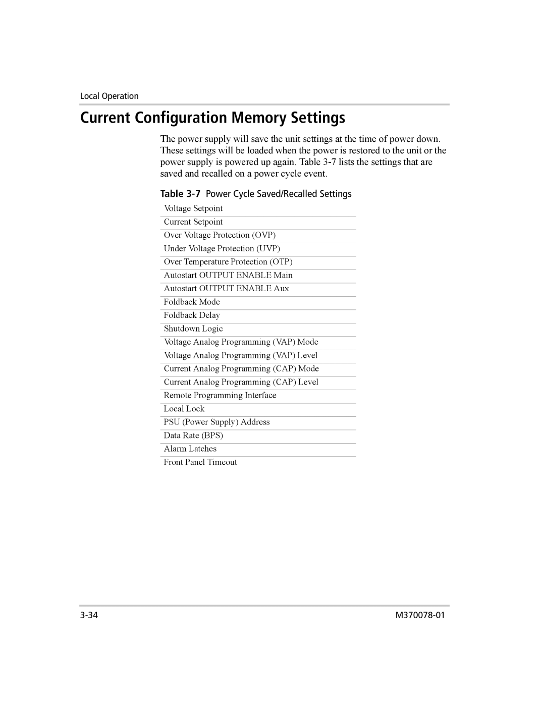 Xantrex Technology XG 850 manual Current Configuration Memory Settings, 7Power Cycle Saved/Recalled Settings 