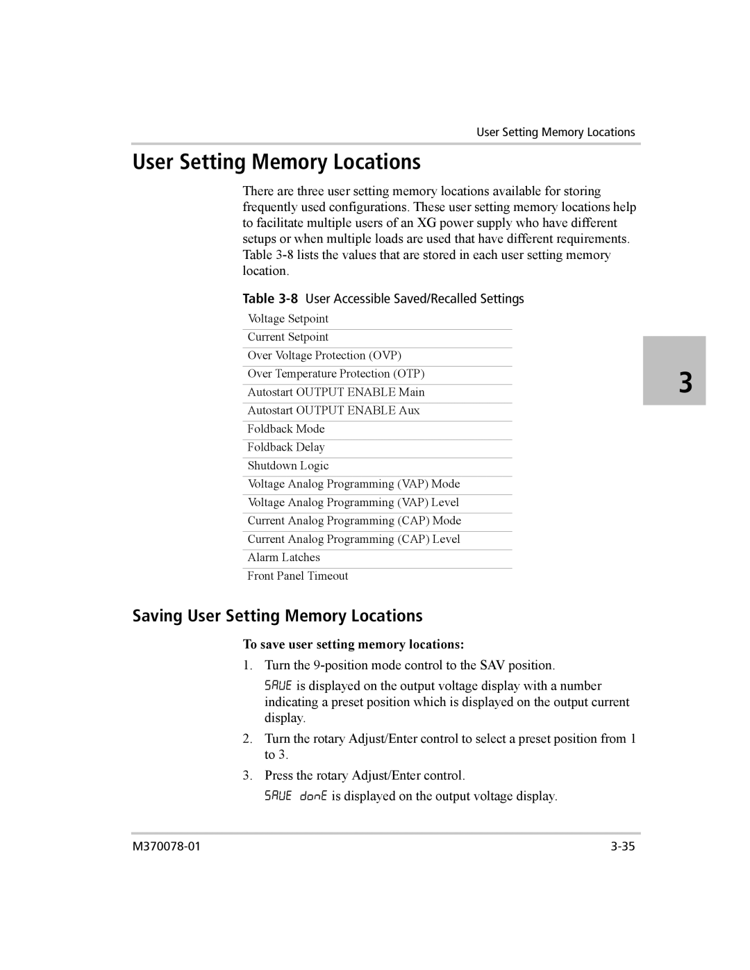 Xantrex Technology XG 850 manual Saving User Setting Memory Locations, 8User Accessible Saved/Recalled Settings 