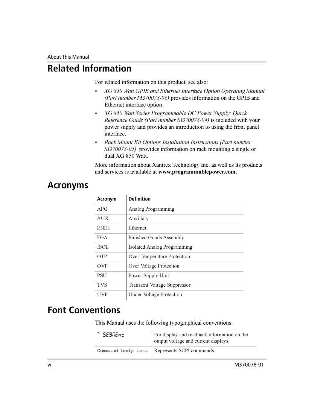 Xantrex Technology XG 850 manual Related Information, Acronyms, Font Conventions, Segment, Acronym Definition 