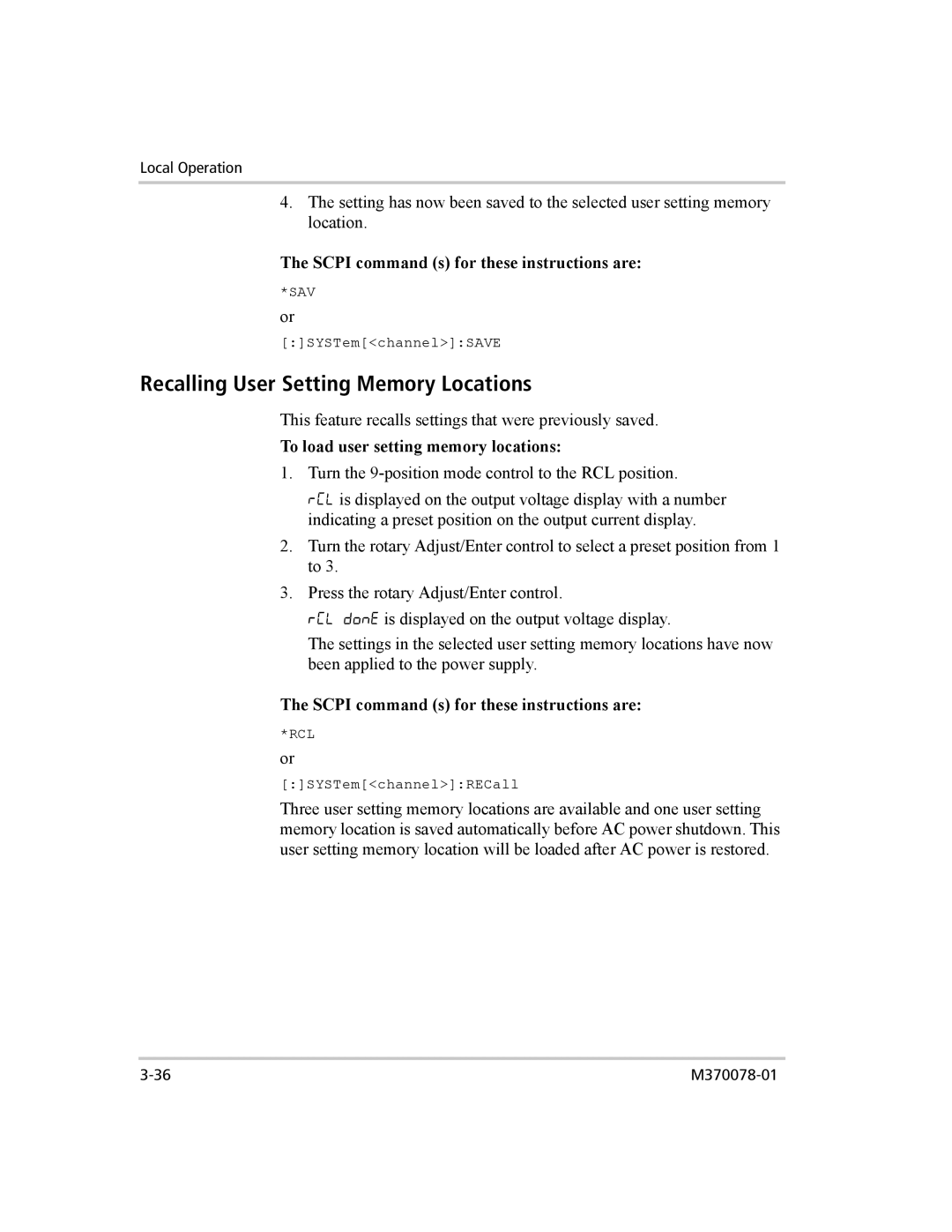 Xantrex Technology XG 850 manual Recalling User Setting Memory Locations, To load user setting memory locations 