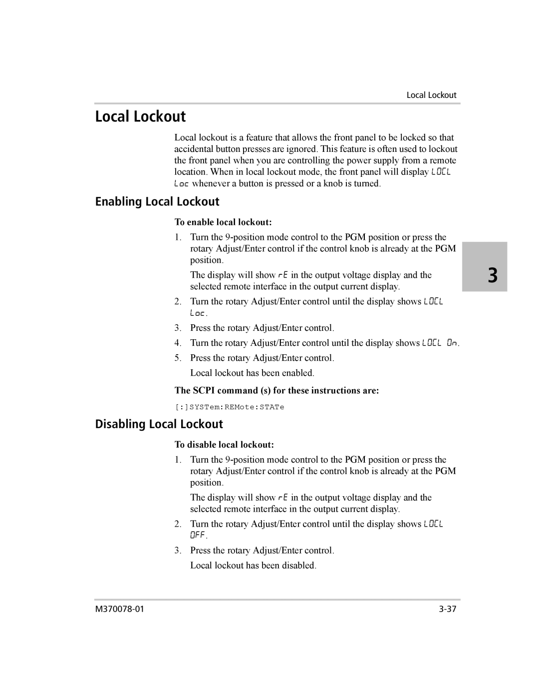 Xantrex Technology XG 850 manual Enabling Local Lockout, Disabling Local Lockout, To enable local lockout 