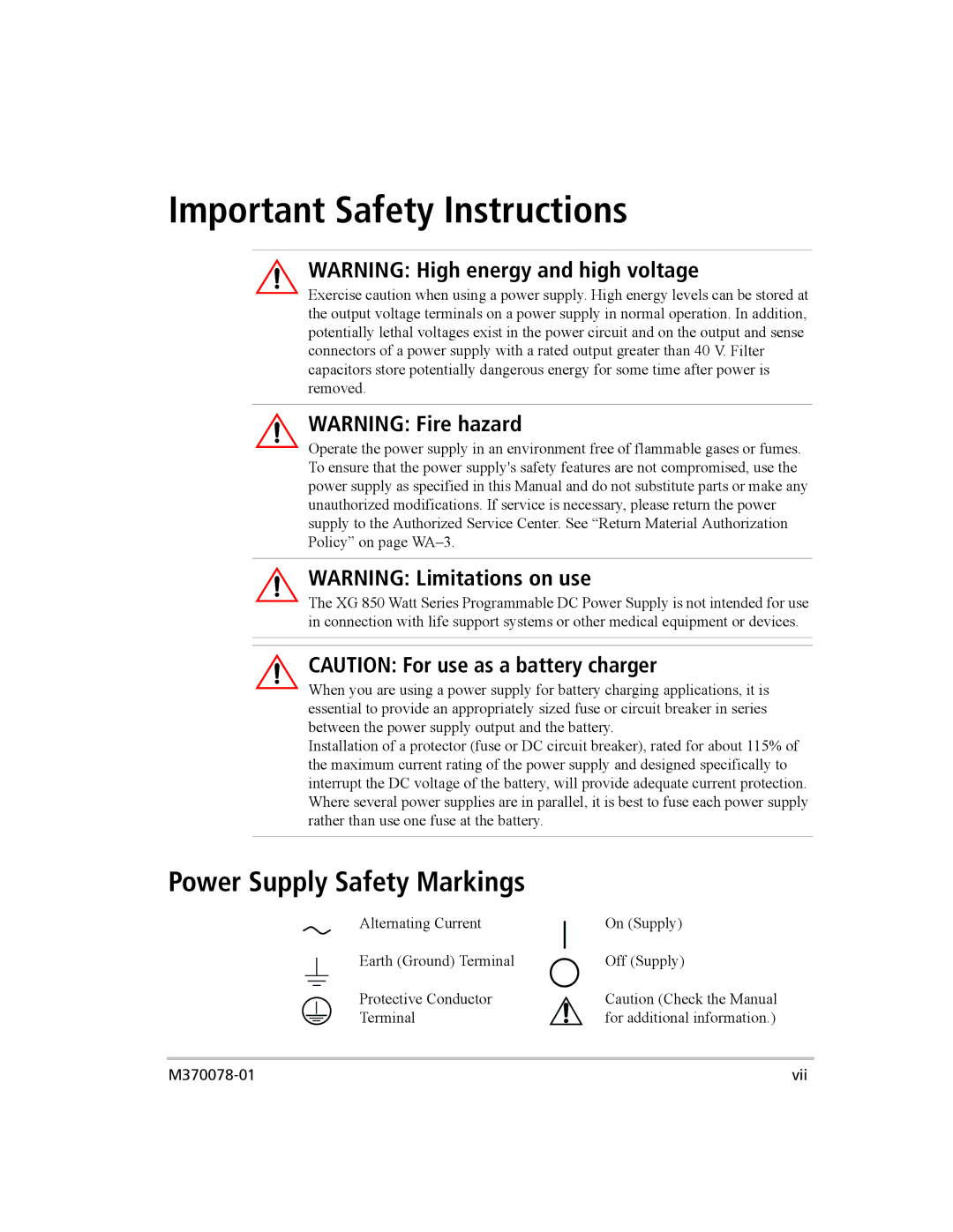 Xantrex Technology XG 850 manual Important Safety Instructions, Power Supply Safety Markings 