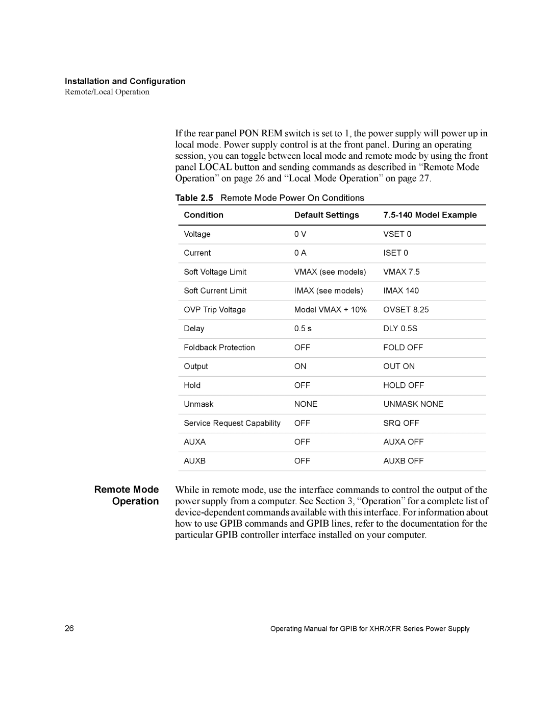 Xantrex Technology XHR, XFR, XFR3 manual Condition Default Settings Model Example, Iset 