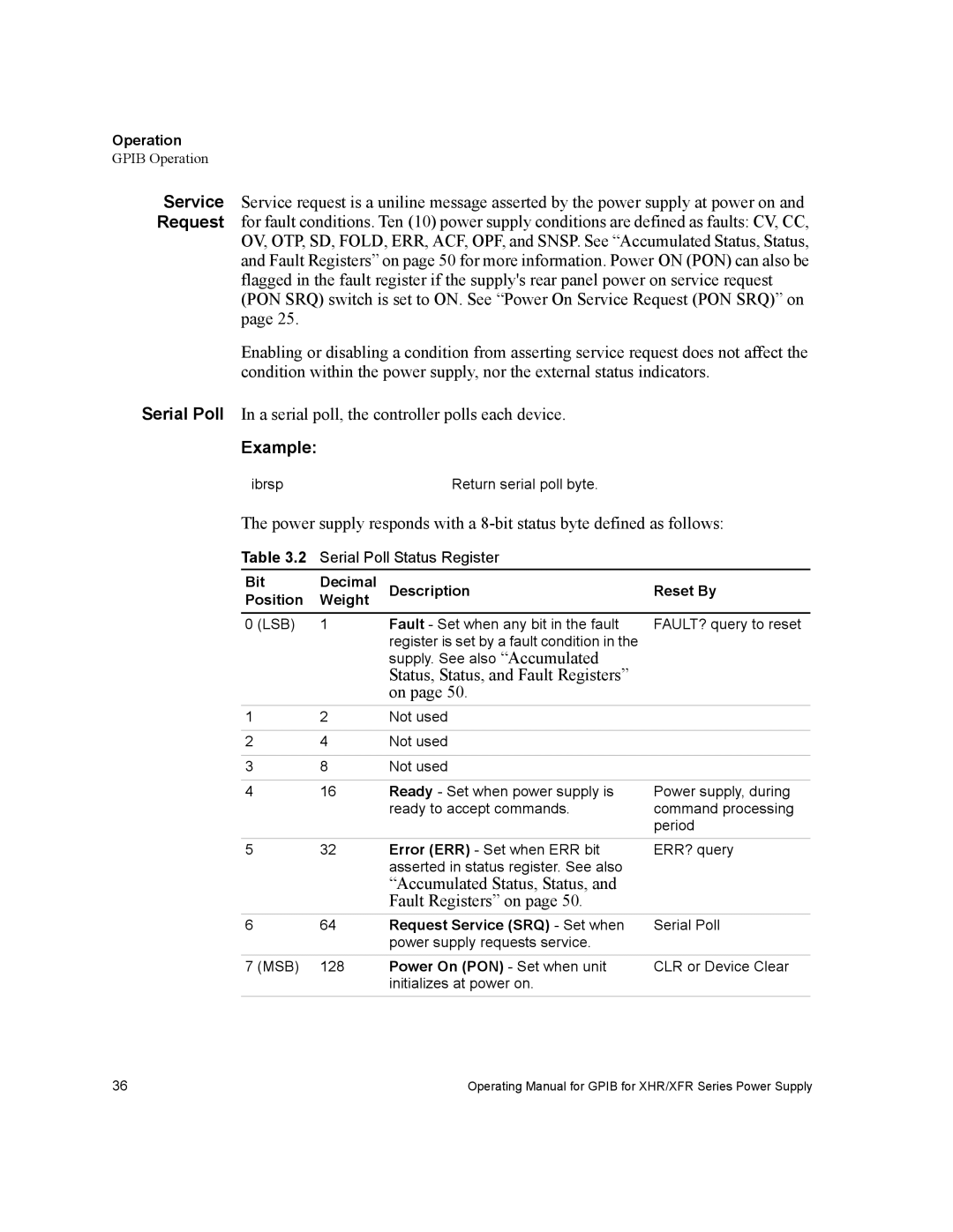 Xantrex Technology XHR, XFR, XFR3 Bit Decimal Description Reset By Position Weight, Lsb, Request Service SRQ Set when, Msb 