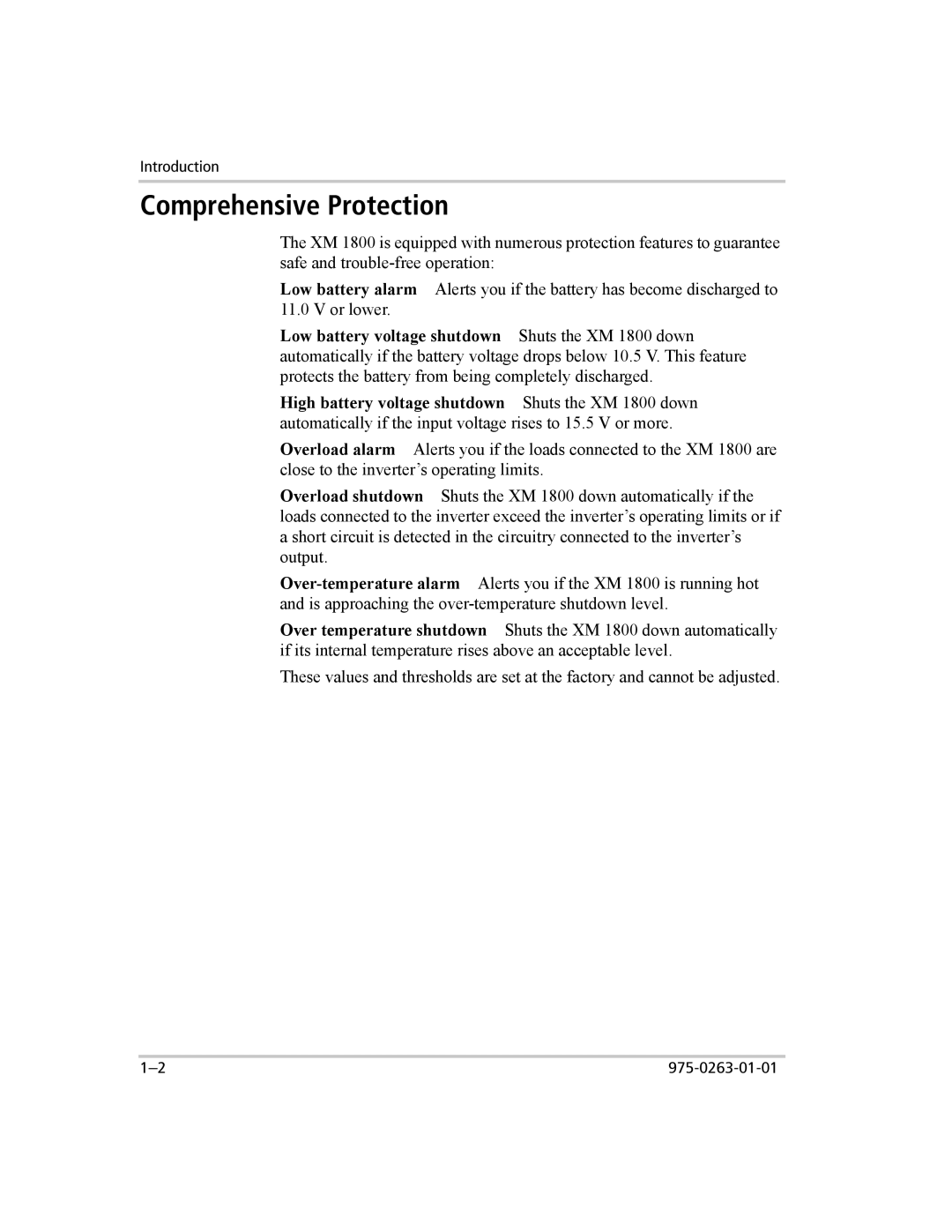 Xantrex Technology XM 1000 manual Comprehensive Protection, Low battery voltage shutdown Shuts the XM 1800 down 