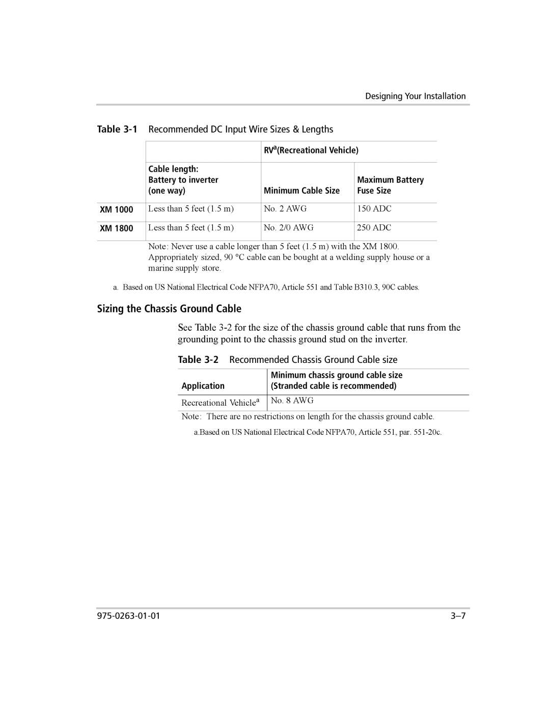 Xantrex Technology XM 1800, XM 1000 manual Sizing the Chassis Ground Cable 