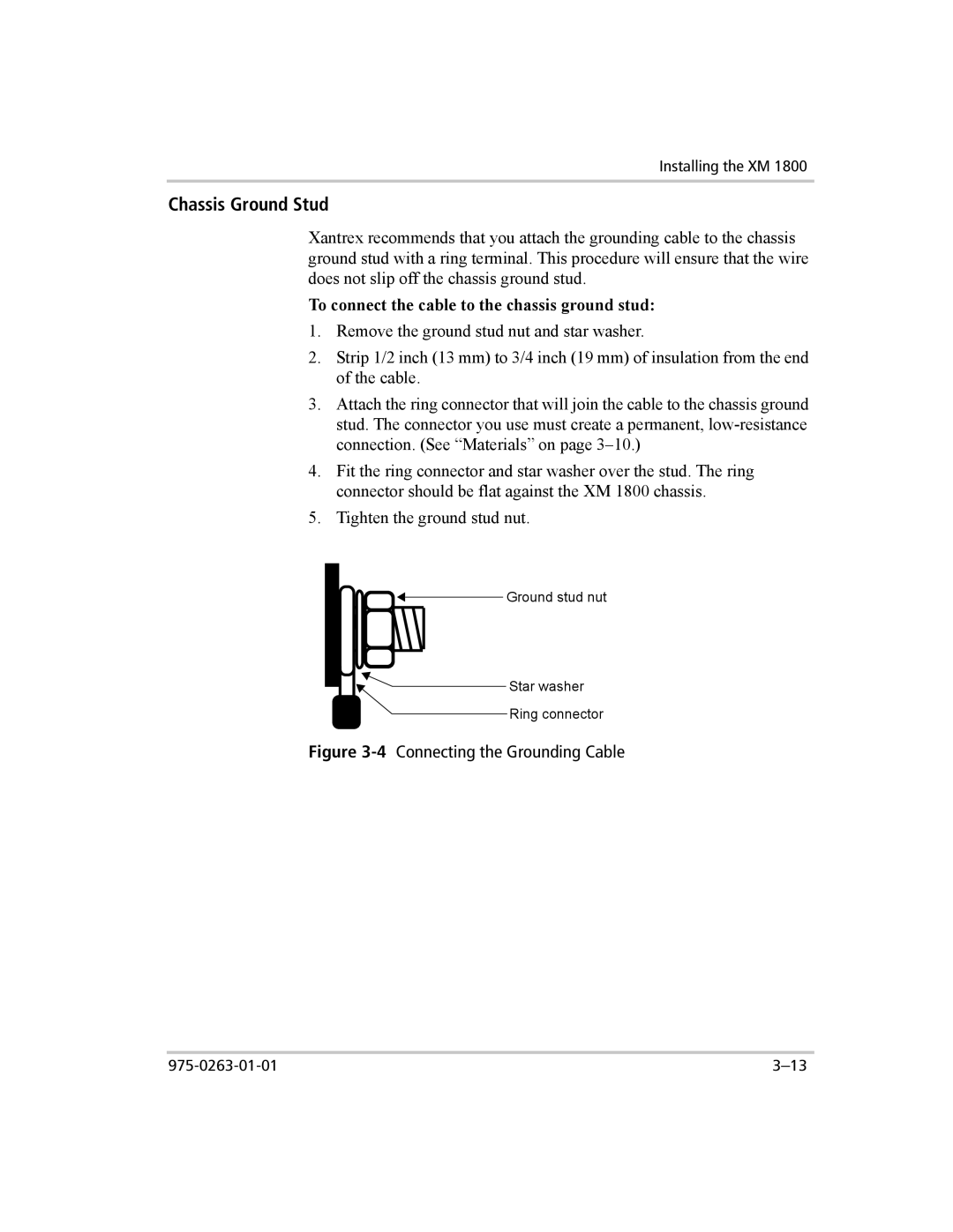 Xantrex Technology XM 1800, XM 1000 manual Chassis Ground Stud, To connect the cable to the chassis ground stud 