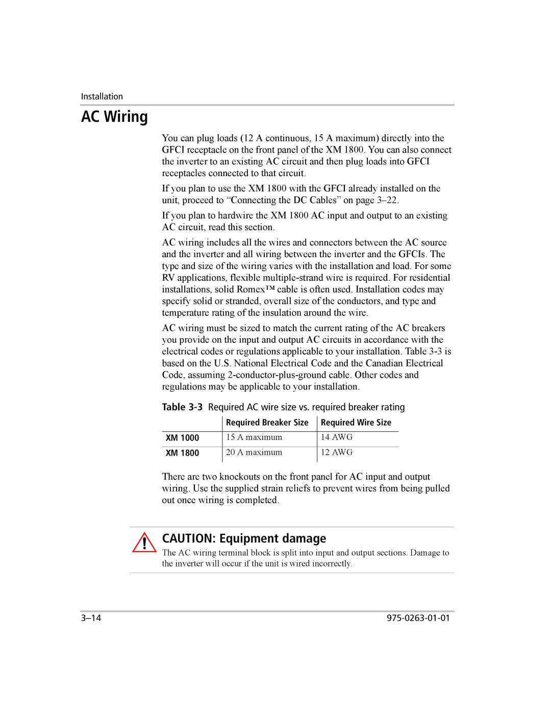 Xantrex Technology XM 1000, XM 1800 manual AC Wiring, 3Required AC wire size vs. required breaker rating 