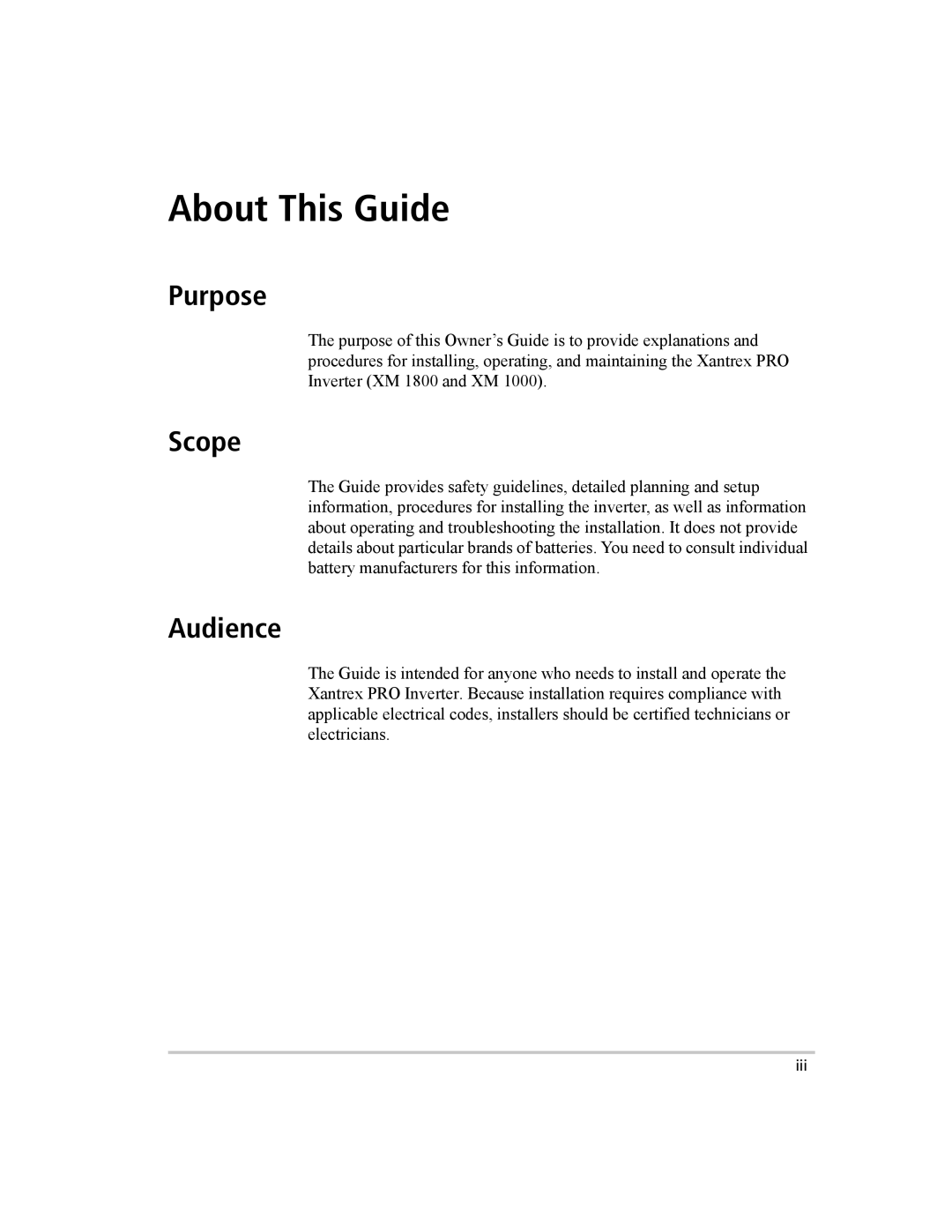 Xantrex Technology XM 1800, XM 1000 manual About This Guide, Purpose, Scope, Audience 