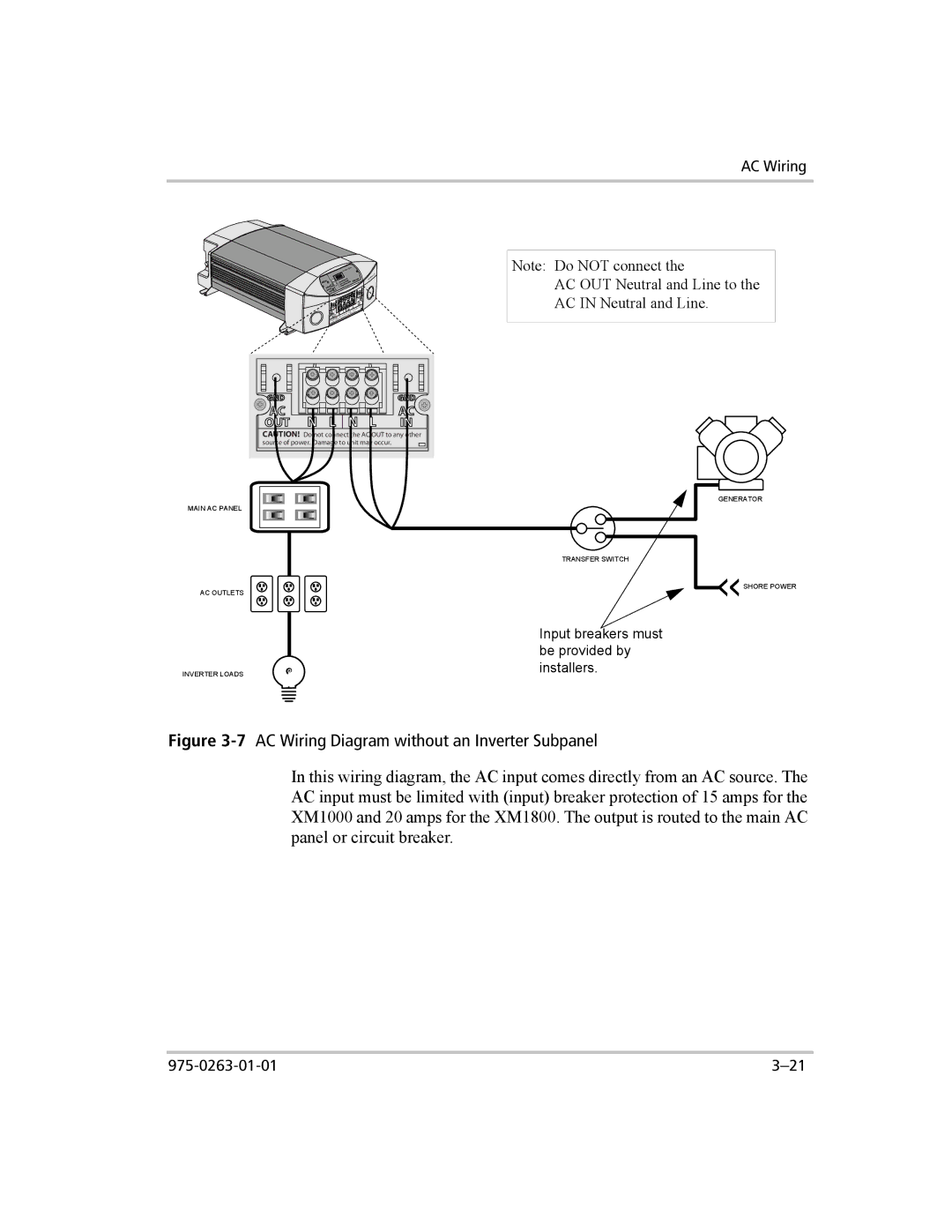 Xantrex Technology XM 1800, XM 1000 manual 7AC Wiring Diagram without an Inverter Subpanel 