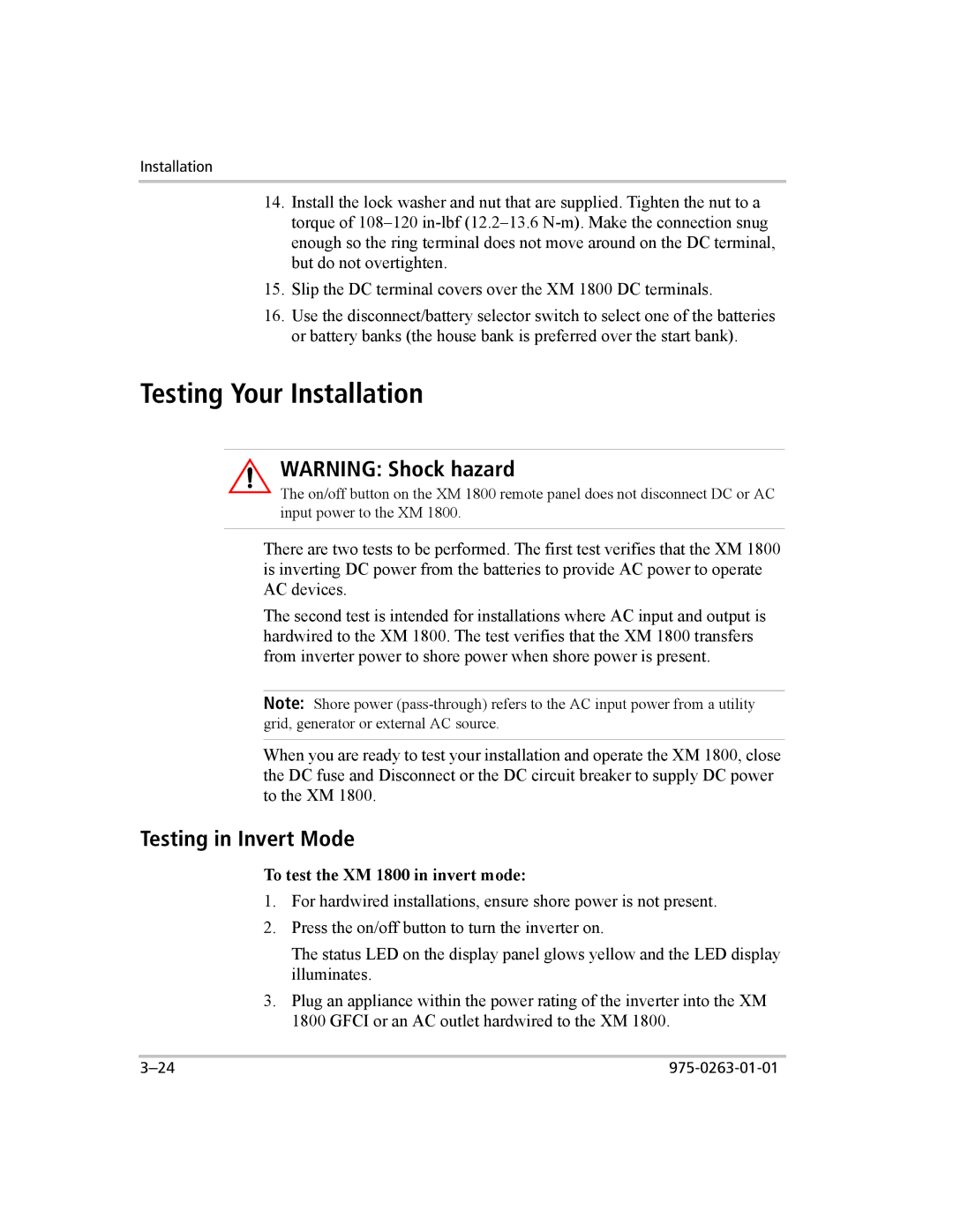 Xantrex Technology XM 1000 manual Testing Your Installation, Testing in Invert Mode, To test the XM 1800 in invert mode 