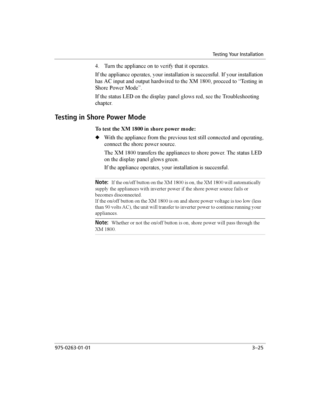 Xantrex Technology XM 1000 manual Testing in Shore Power Mode, To test the XM 1800 in shore power mode 