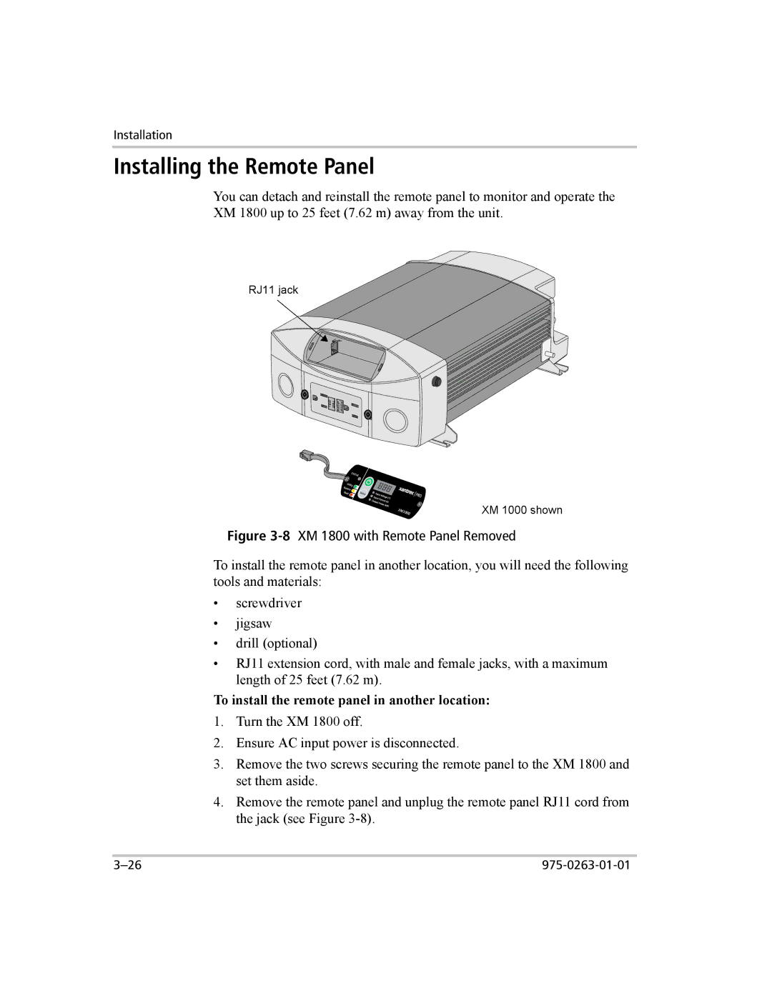 Xantrex Technology XM 1000, XM 1800 manual Installing the Remote Panel, To install the remote panel in another location 