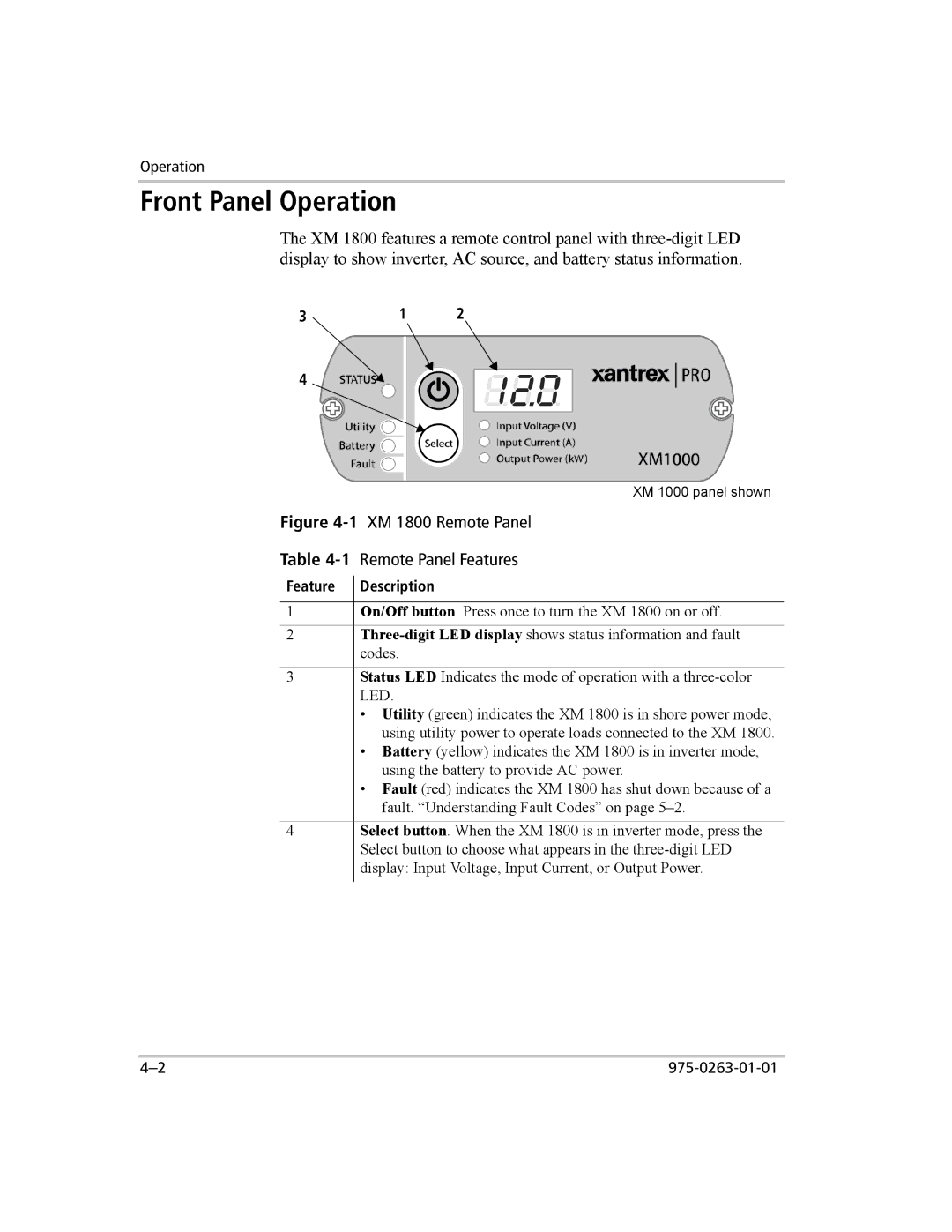 Xantrex Technology XM 1000, XM 1800 manual Front Panel Operation, Feature 