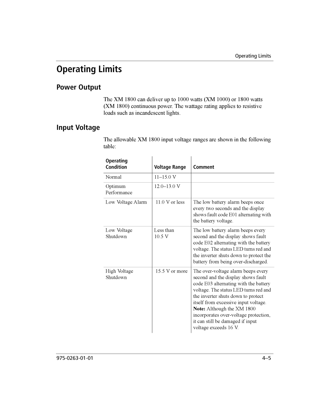 Xantrex Technology XM 1800, XM 1000 manual Operating Limits, Power Output, Input Voltage 