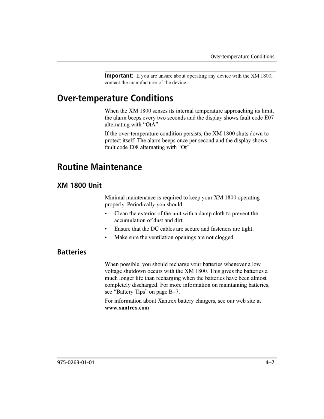 Xantrex Technology XM 1000 manual Over-temperature Conditions, Routine Maintenance, XM 1800 Unit, Batteries 