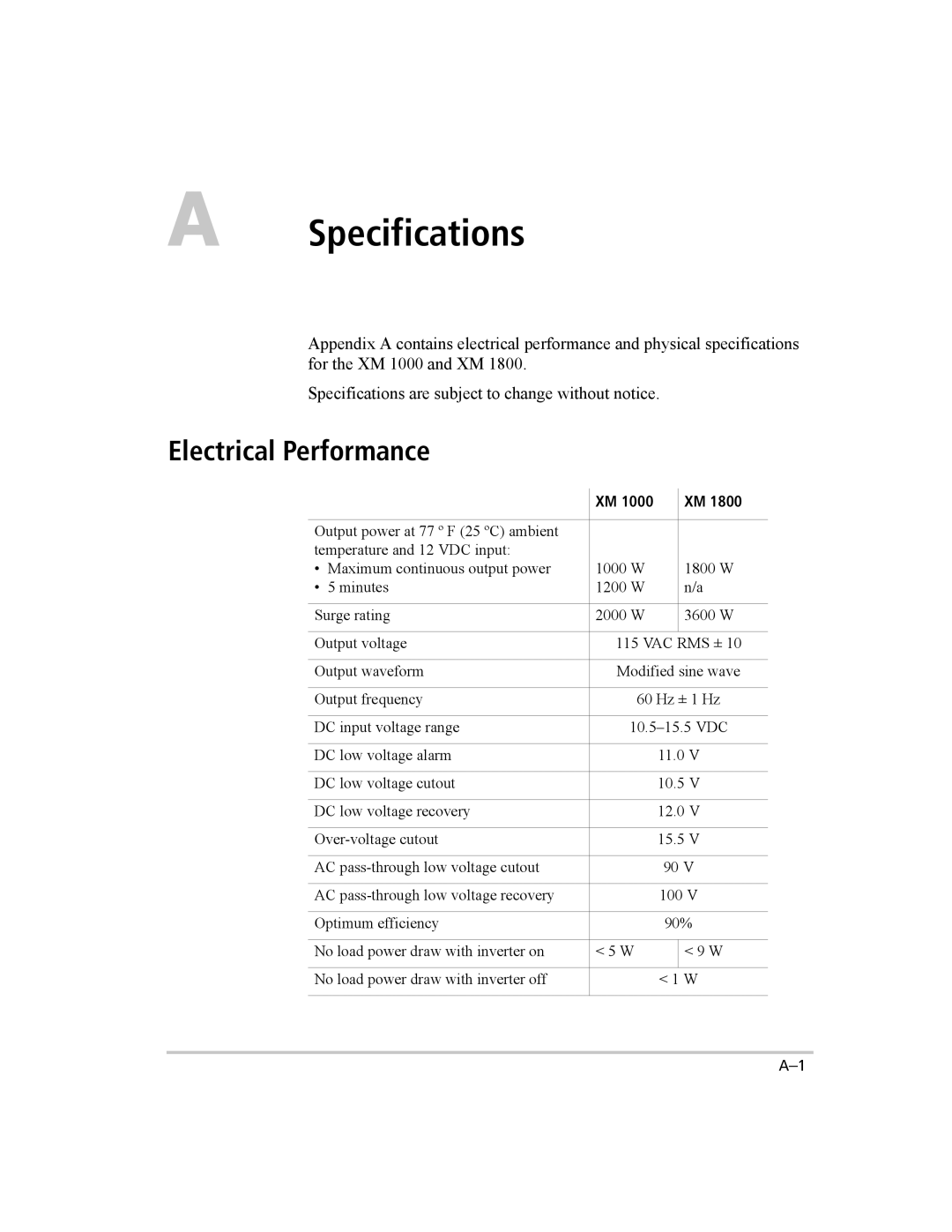 Xantrex Technology XM 1800, XM 1000 manual Specifications, Electrical Performance 