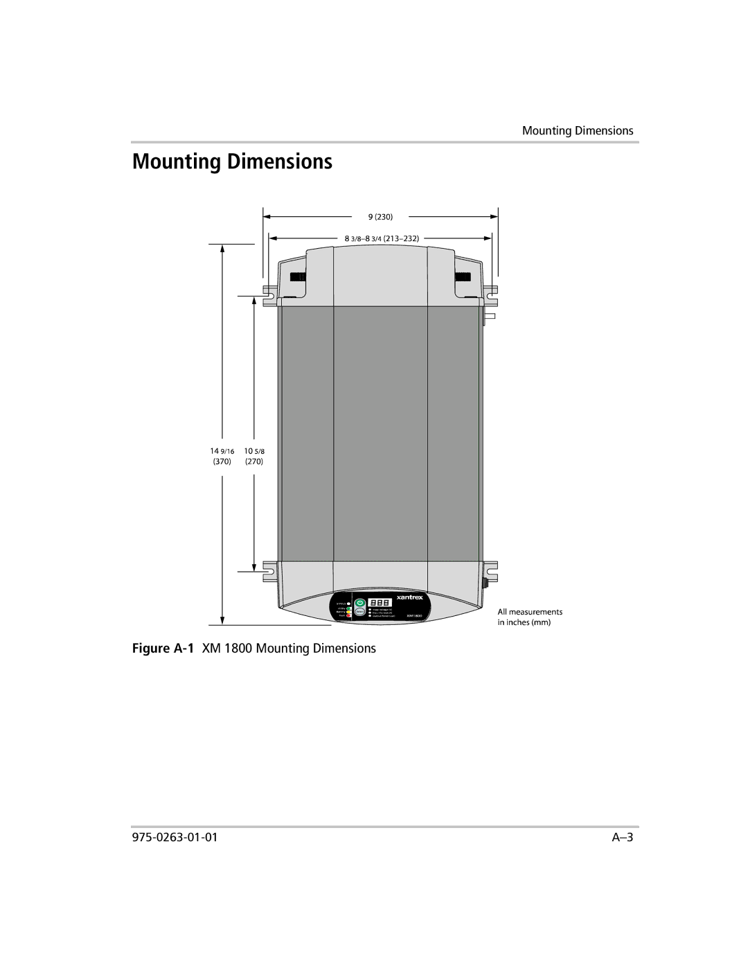 Xantrex Technology XM 1000 manual Figure A-1XM 1800 Mounting Dimensions 