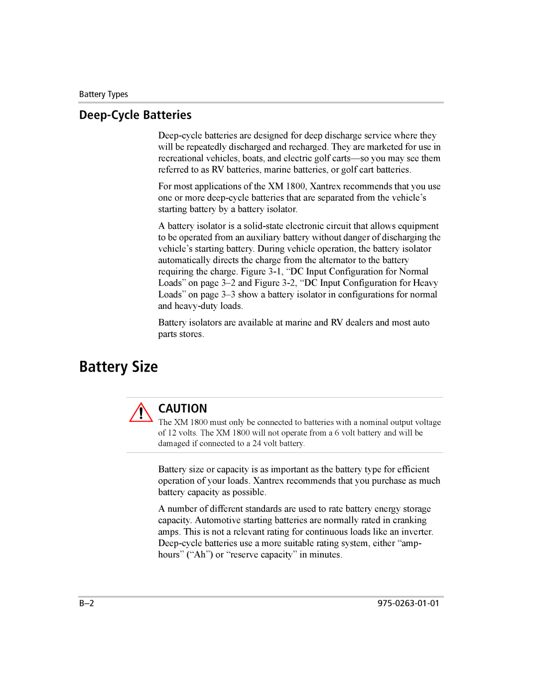 Xantrex Technology XM 1000, XM 1800 manual Battery Size, Deep-Cycle Batteries 