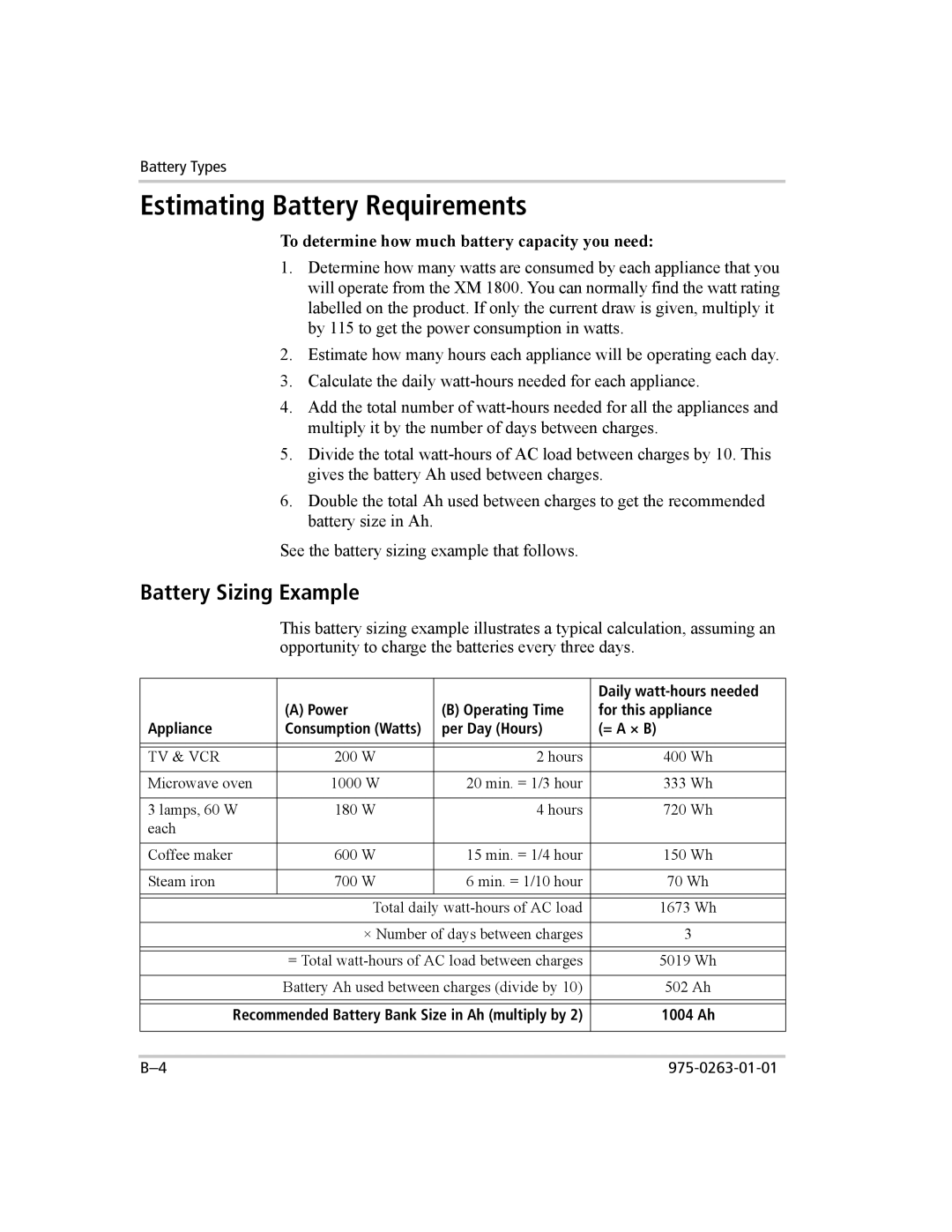 Xantrex Technology XM 1000, XM 1800 manual Estimating Battery Requirements, Battery Sizing Example 