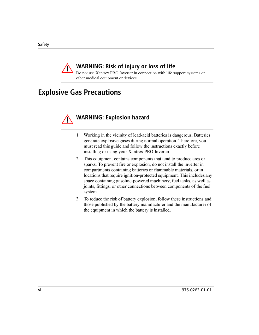 Xantrex Technology XM 1000, XM 1800 manual Explosive Gas Precautions, Safety 