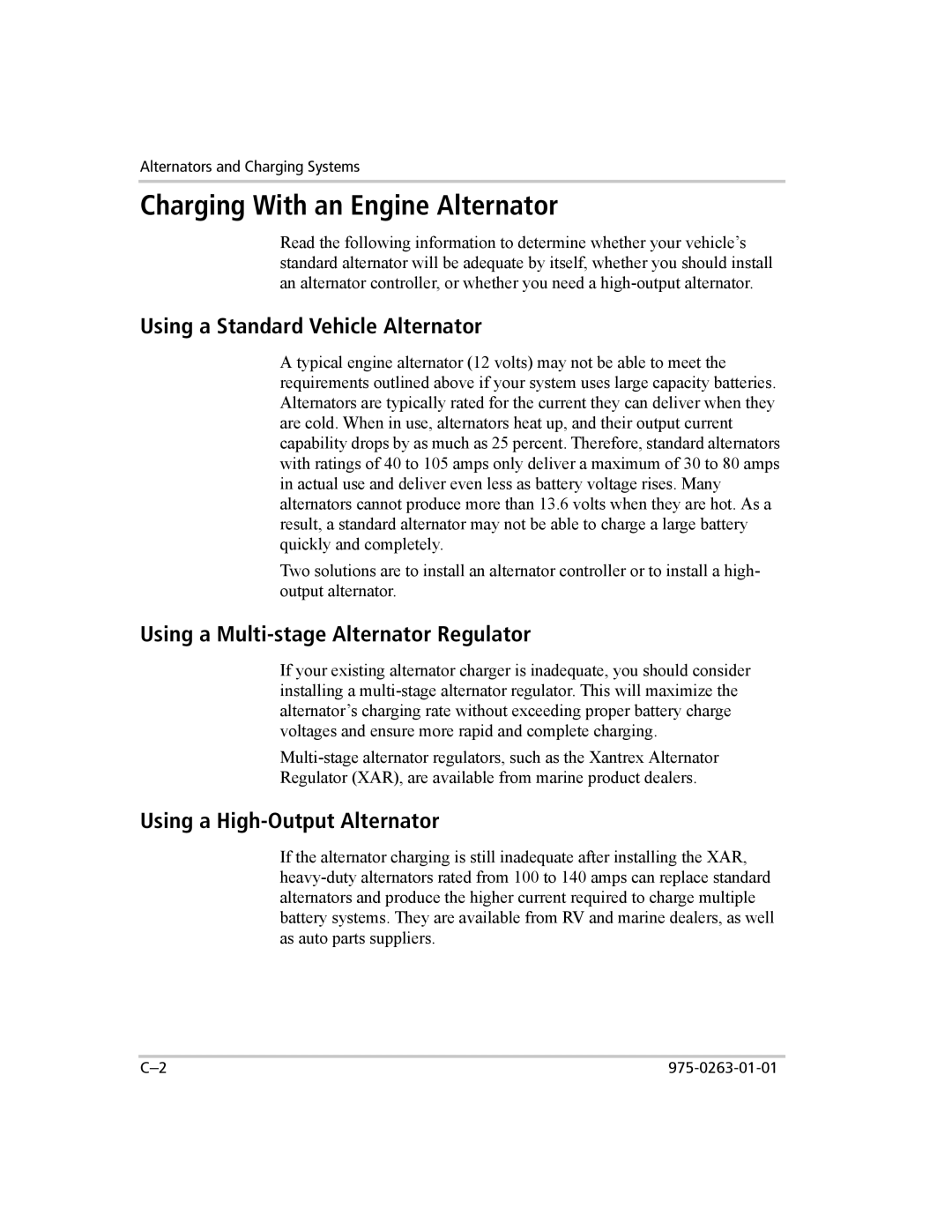 Xantrex Technology XM 1000, XM 1800 manual Charging With an Engine Alternator, Using a Standard Vehicle Alternator 