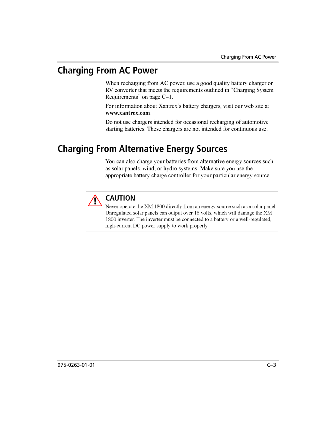 Xantrex Technology XM 1800, XM 1000 manual Charging From AC Power, Charging From Alternative Energy Sources 