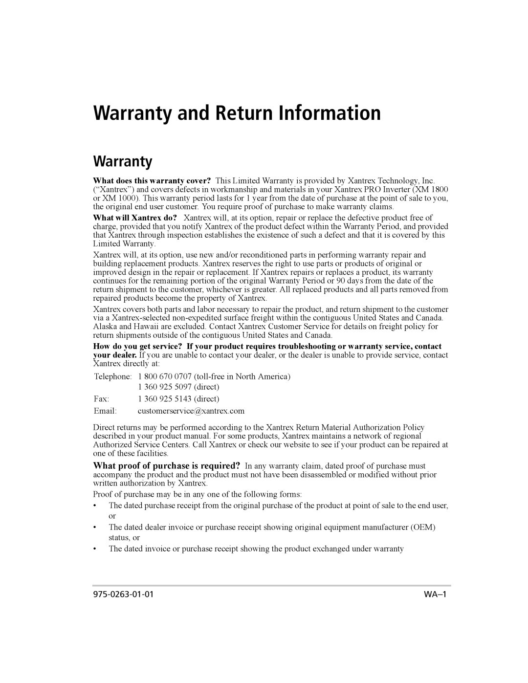 Xantrex Technology XM 1800, XM 1000 manual Warranty and Return Information 