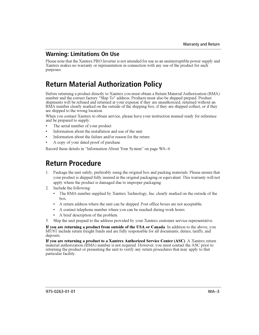 Xantrex Technology XM 1800, XM 1000 manual Return Material Authorization Policy, Return Procedure 