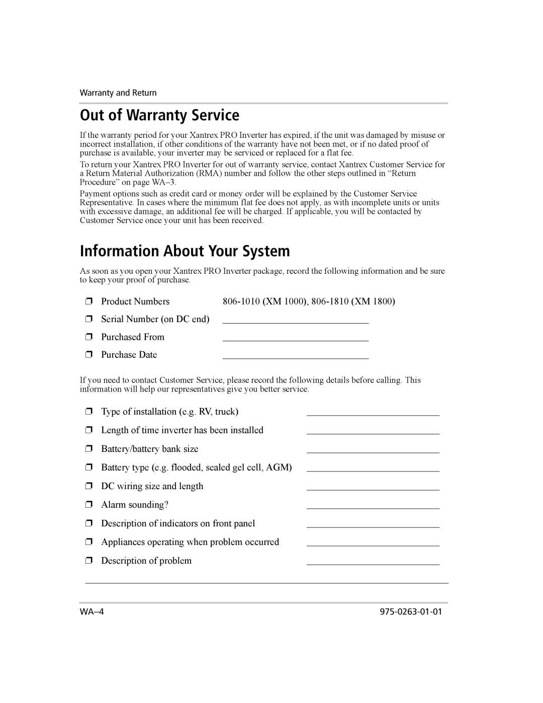 Xantrex Technology XM 1000, XM 1800 manual Out of Warranty Service, Information About Your System 