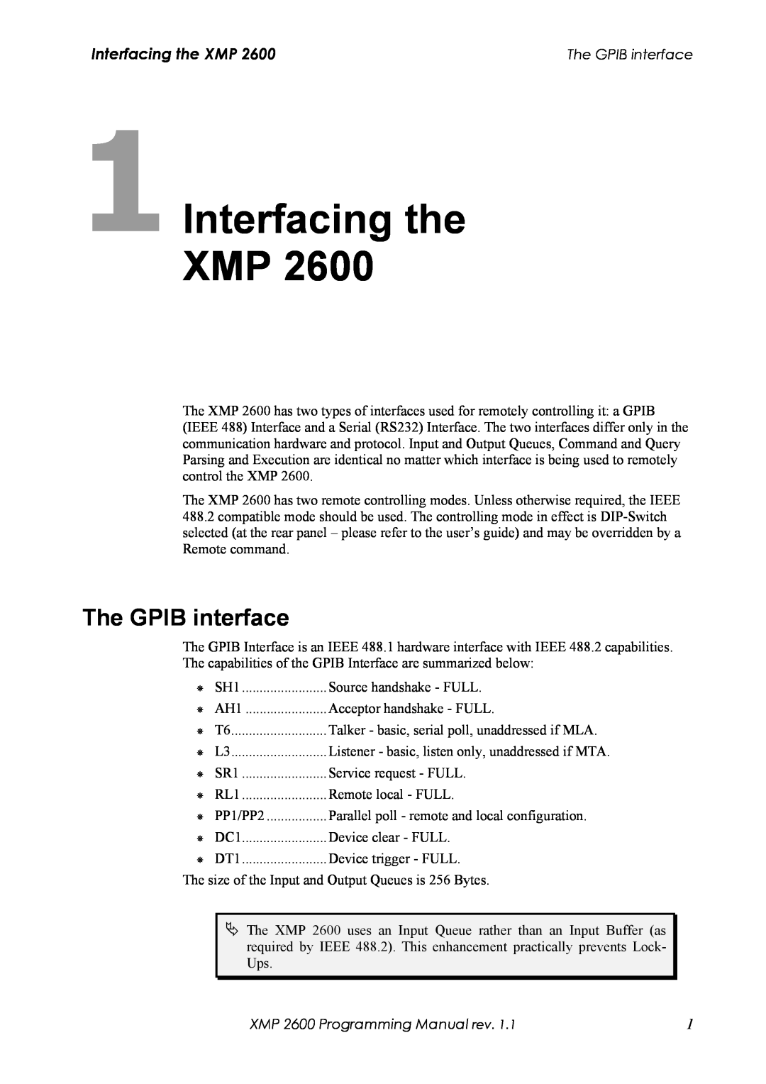Xantrex Technology manual 1Interfacing the XMP, The GPIB interface, XMP 2600 Programming Manual rev 