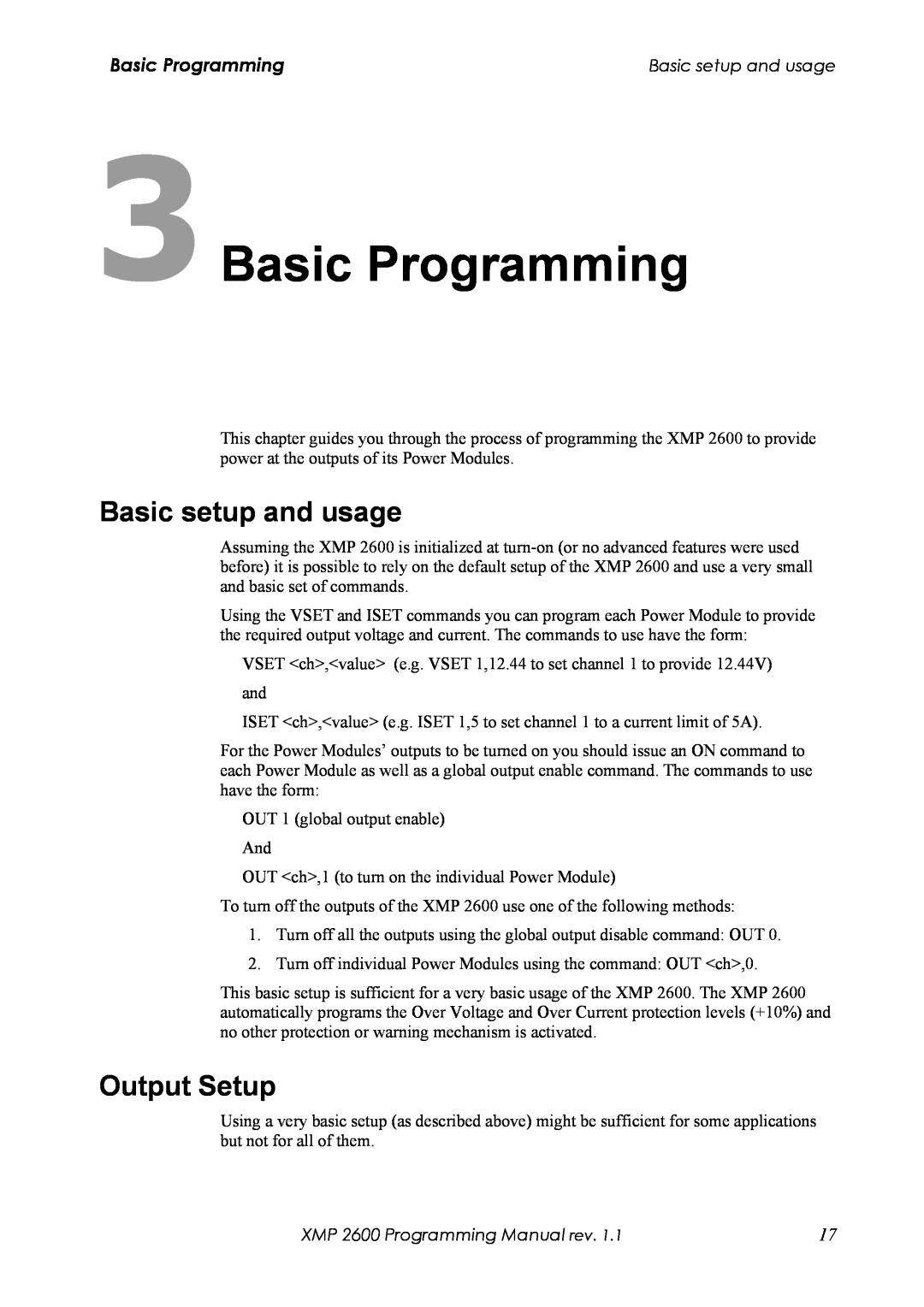 Xantrex Technology manual 3Basic Programming, Basic setup and usage, Output Setup, XMP 2600 Programming Manual rev 