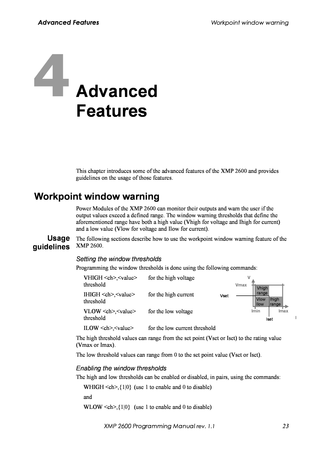 Xantrex Technology XMP 2600 4Advanced Features, Workpoint window warning, Usage guidelines, Setting the window thresholds 