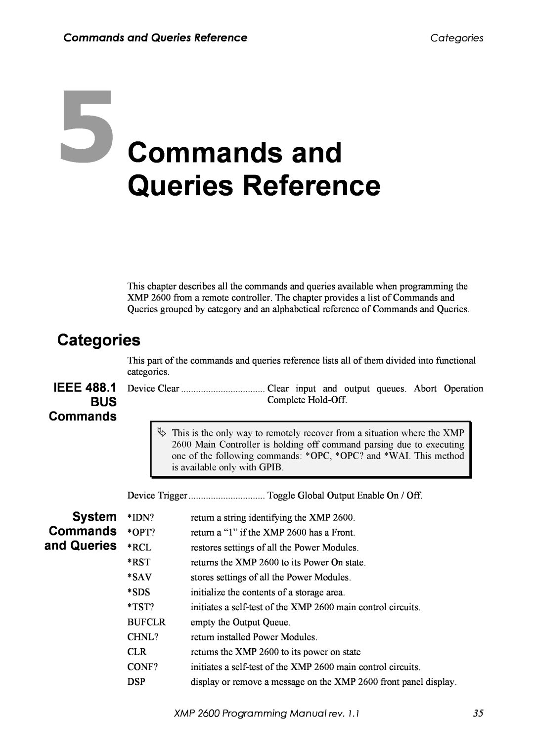 Xantrex Technology XMP 2600 manual 5Commands and Queries Reference, Categories, IEEE 488.1 BUS Commands 