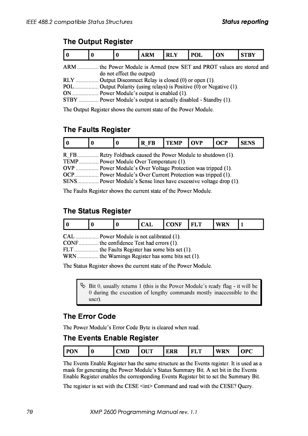 Xantrex Technology XMP 2600 manual The Output Register, The Faults Register, The Status Register, The Error Code 