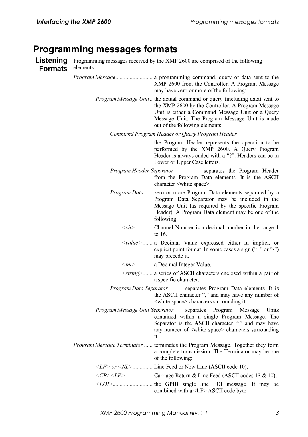 Xantrex Technology XMP 2600 manual Programming messages formats, Listening Formats 