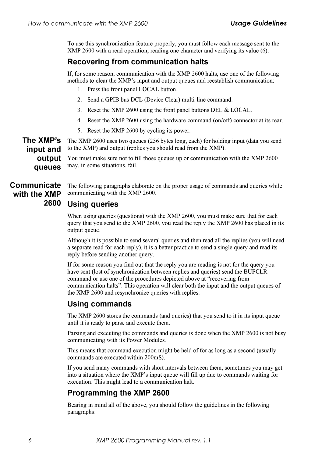 Xantrex Technology XMP 2600 manual Recovering from communication halts, Using queries, Using commands, Programming the XMP 