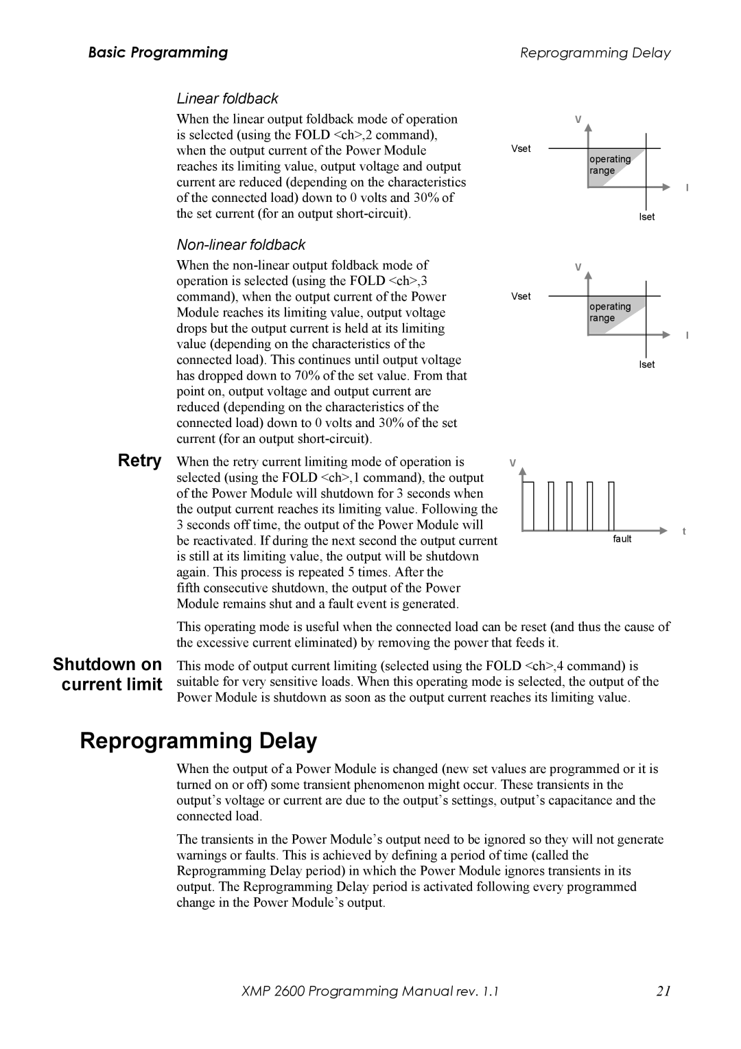 Xantrex Technology XMP 2600 Reprogramming Delay, Retry, Shutdown on current limit, Linear foldback, Non-linear foldback 