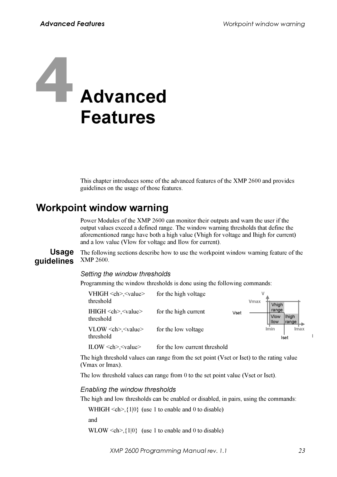 Xantrex Technology XMP 2600 manual Workpoint window warning, Usage guidelines, Setting the window thresholds 