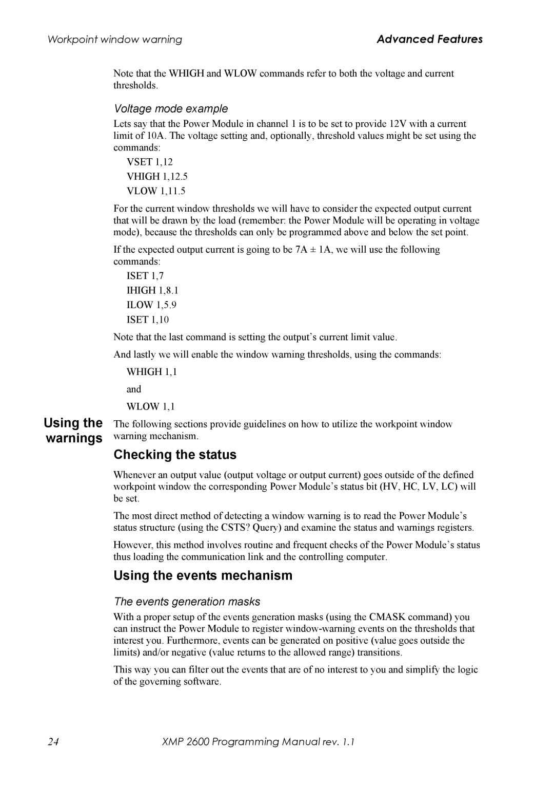 Xantrex Technology XMP 2600 Checking the status, Using the events mechanism, Using the warnings, Voltage mode example 