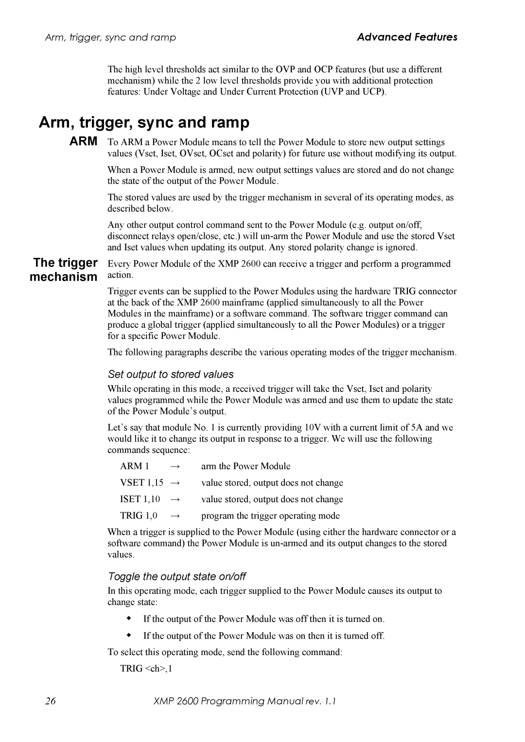 Xantrex Technology XMP 2600 manual Arm, trigger, sync and ramp, Trigger mechanism, Set output to stored values 