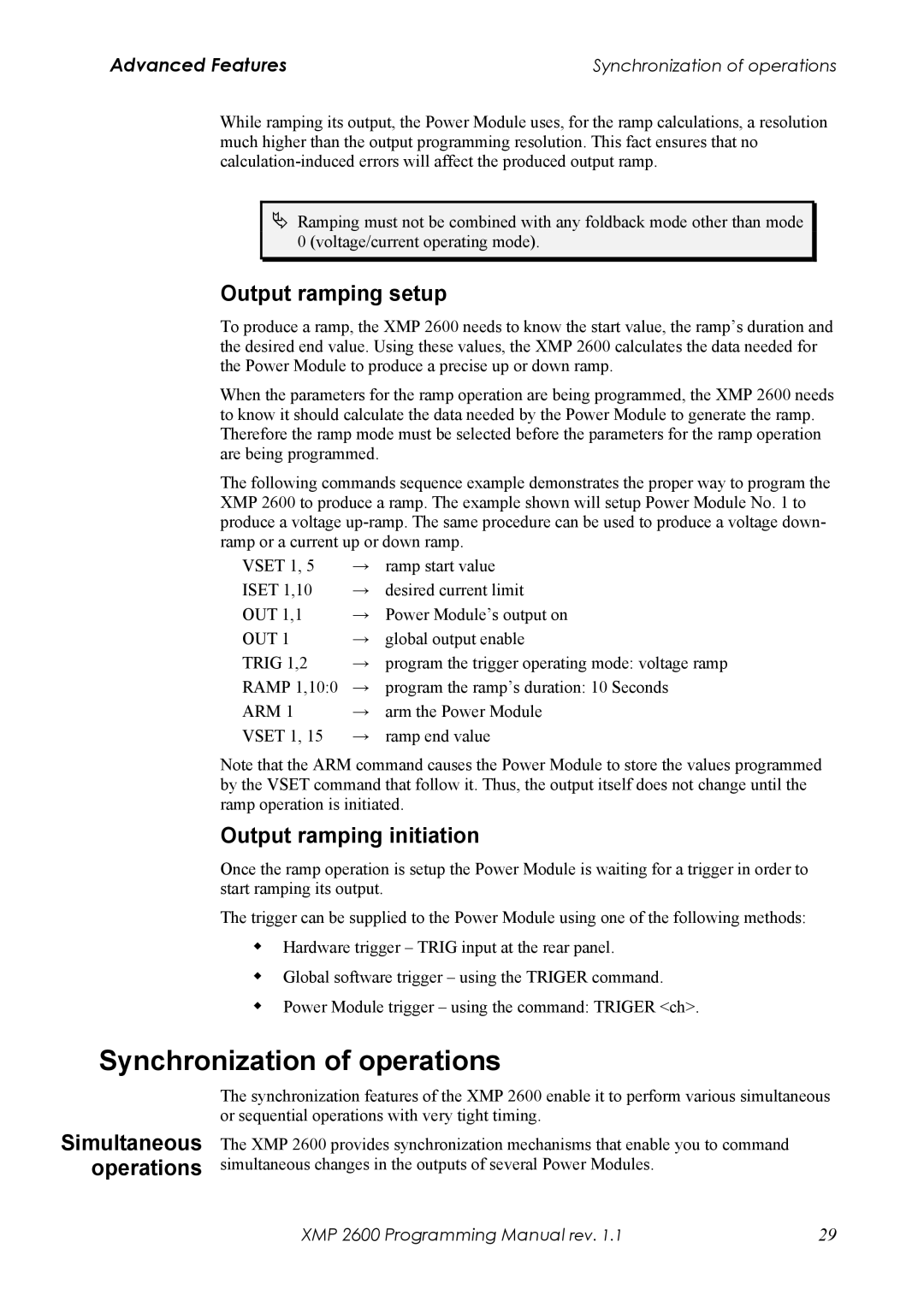 Xantrex Technology XMP 2600 manual Synchronization of operations, Output ramping setup, Output ramping initiation 