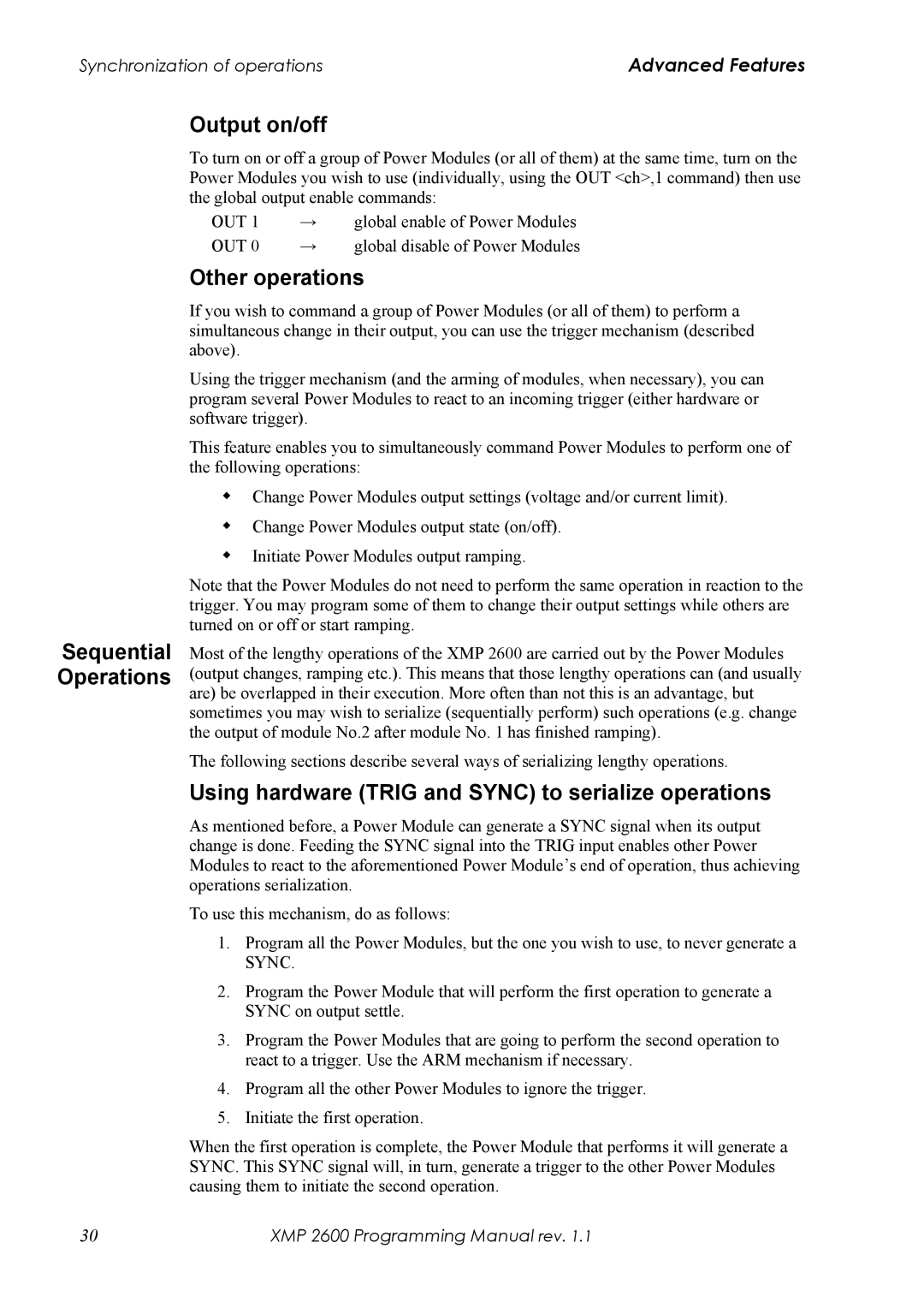 Xantrex Technology XMP 2600 manual Output on/off, Other operations, Using hardware Trig and Sync to serialize operations 